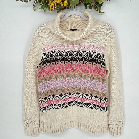 Talbots Chunky Nordic Cowl Turtleneck Tunic Sweater Size M Fair Isle Winter Cozy - Picture 3 of 8